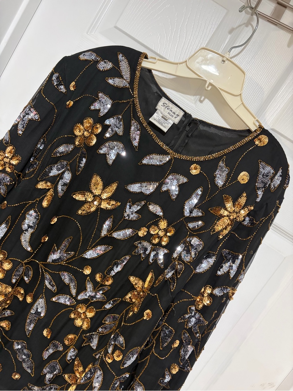 STENAY 100% Silk Sequined Blouse Black, Gold & Silver Vtge Evening Wear Size 2X